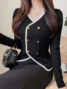 FRIFUL Women's Early Summer/Autumn New Korean Style Color Block Ribbed Slimming Long Sleeve T-Shirt - Black - View 5