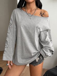 Coolane 女款字母印花不對稱肩休閒日常長袖T恤 - 淺灰色 - 查看 2
