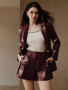 Anewsta Women's Metal Button PU Blazer Long Sleeve Jacket & Shorts Set, Fashionable Minimalist, Daily Commute, Autumn/Winter Outfit, Modern Style - Burgundy - View 3