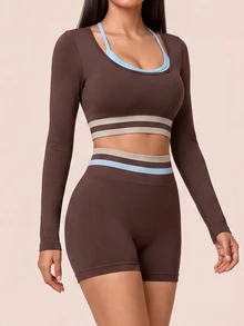 SHEIN BAE Women's Contrast Trim Long Sleeve Cropped Top & Shorts Fashion Sports Set - Coffee Brown - View 5