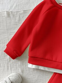 SHEIN 中性嬰兒男/女童 幼兒 2件組 秋冬休閒可愛 2合1 奶油色運動衫套裝 嬰兒運動服 冬季衣物 - 紅色 - 查看 7
