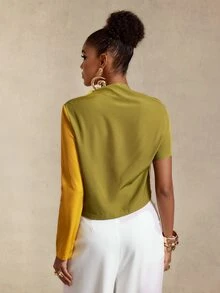 BamGlimmer Atasan Wanita Lengan Panjang Satu Bahu dengan Motif Blok Warna - MultiWarna - View 3