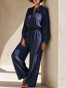 Linhara CURVE Plus Size Women's Autumn Soft Denim Effect Lapel Jumpsuit With Front Opening, Loose Draped Bottom, Minimalist Commuter Style - Navy Blue - View 1