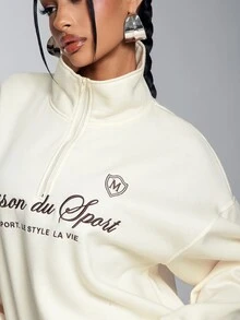 Denimoi Embroidered Verbiage Sweatshirt Fashion High Neck Quarter Zip Sweatshirts Casual Lounge - Apricot - View 6