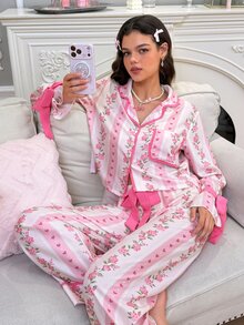 SweetSlumber Romantic Pastoral Floral Leaf Stripe Heart Print Bowknot Design Lapel Front Opening Women's Loungewear Pajama Set - Multicolor - View 6