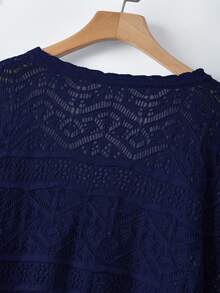 GlowEve CURVE Plus Size Elegant Hollow Out 3/4 Sleeve Round Neck Tie Bow Cardigan - Royal Blue - View 5