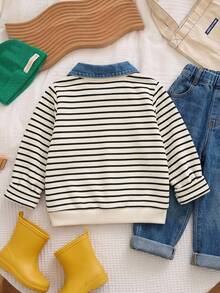 SHEIN كنزة سويت شيرت للأطفال والفتيان الصغار بأكمام طويلة وياقة مطرزة وخطوط بألوان متباينة، متعددة الاستخدامات ومريحة، بأسلوب رياضي جامعي كاجوال، مناسبة للربيع والصيف والخريف والشتاء - متعدد الألوان - مشاهدة 2