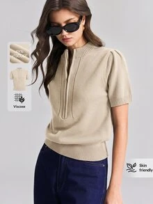 Ontre 2026秋季米色半高領金屬拉鍊短袖針織上衣，女款極簡休閒優雅都市現代百搭通勤辦公商務 - 杏色 - 查看 1
