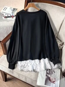 Lacomfia Áo nỉ nữ 2 trong 1 tay dài phối ren phong cách thường ngày đa năng màu đen & trắng, thu/đông - Đen và trắng - Xem 2