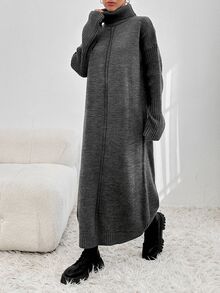 SHEIN فستان صوف طويل برقبة عالية وأكمام خفاشية للنساء مقاس طويل - رمادي غامق - مشاهدة 7