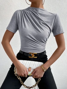 Allurite Stand Collar Short Sleeve Pleated Solid Color T-Shirt - Grey - View 5