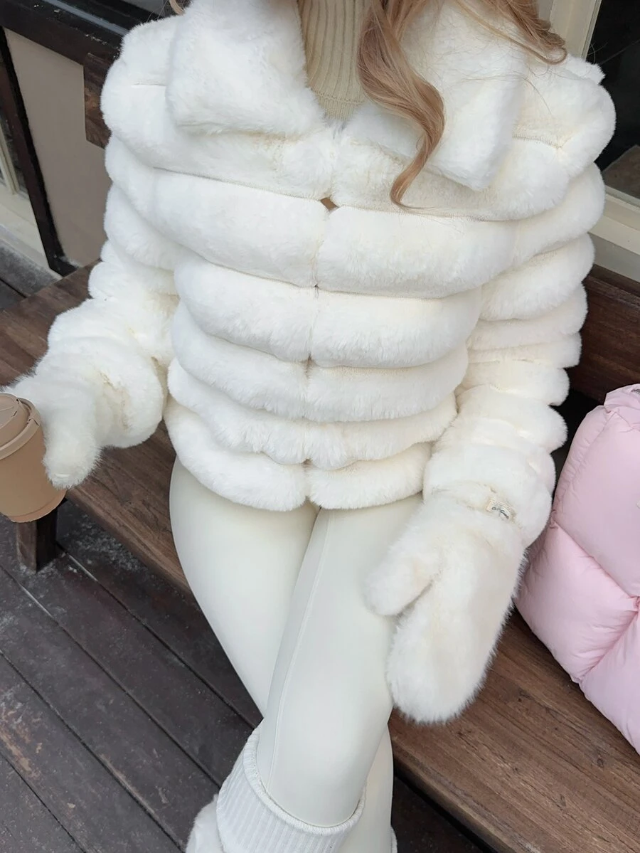 CovetEZ Women's Autumn/Winter Zip-Up Collar Versatile Faux Fur Jacket - White - View 1