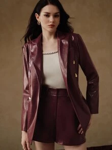 Anewsta Women's Metal Button PU Blazer Long Sleeve Jacket & Shorts Set, Fashionable Minimalist, Daily Commute, Autumn/Winter Outfit, Modern Style - Burgundy - View 5