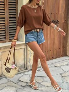 SHEIN LUNE Kemeja Wanita Lengan 3/4 Warna Cokelat dari Katun Murni - Coklat - View 4
