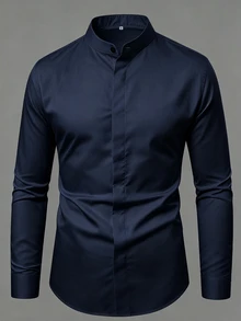 Manfinity Mode Men's Solid Color Stand Collar Hidden Button Design Business Casual Long Sleeve Shirt - Navy Blue - View 4