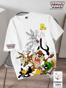 LOONEY TUNES X SHEIN Daypath 標準尺寸男士 100% 純棉修身 T 恤，卡通圖案設計 - 彩色 - 查看 1