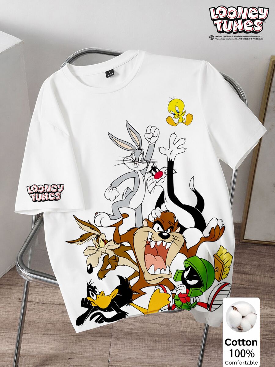 LOONEY TUNES X SHEIN Daypath 標準尺寸男士 100% 純棉修身 T 恤,卡通圖案設計 - 彩色 - 查看 1
