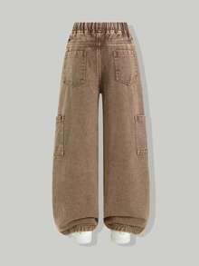 SHEIN TweenGirlsHeart Embroidered Wide Leg Jeans Elastic Waist Cargo Denim Pants Casual Loose Fit Trousers - Coffee Brown - View 2