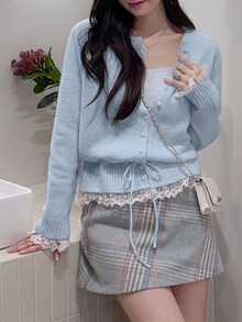 DAZY French Lace Patchwork Sweater Cardigan Women Autumn/Winter Thickened Slouchy Jacket Top Open Front - Blue - View 3