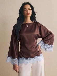 Poéselle Women's Boat Neck Bell Sleeve Lace Trim Top - Brown - View 7