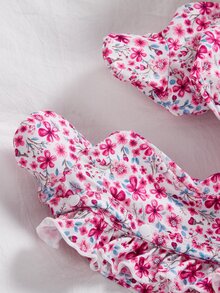 2件組新生女嬰居家服可愛粉色花卉印花荷葉邊長袖連身連腳褲附髮帶套裝 - 玫紅色 - 查看 6