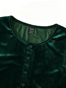 LUMIGAL Vintage Elegant Commute Sheer Sleeve Lace Trim Velvet Bell Long Sleeve Blouse - Dark Green - View 3