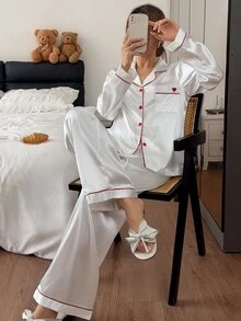 Napfluff Contrast Trim Faux Silk Long Sleeve Pants Pajama Set For Women - White - View 5