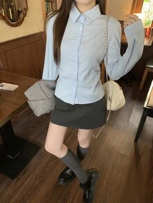 DAZY American Style Grey Long Sleeve Knit Sweater & Bodycon Skirt Set, College Style Outfit For - Grey - View 8