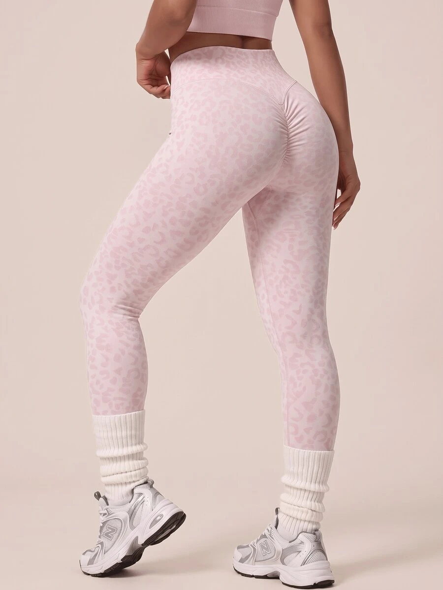 SHEIN BAE Women's Leopard Print Ruched Butt Leggings For Daily Fitness And Sports - Baby Pink - View 1