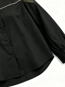 Velvienne Áo blouse nữ size lớn phối lưới tương phản trang trí ngọc trai giả phong cách thanh lịch - màu đen - Xem 7