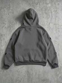 SHEIN 青少年男孩極簡高街小刺繡圖案套頭衛衣，舒適面料，獨特版型，秋冬新款，適合多種場合 - 深灰色 - 查看 2