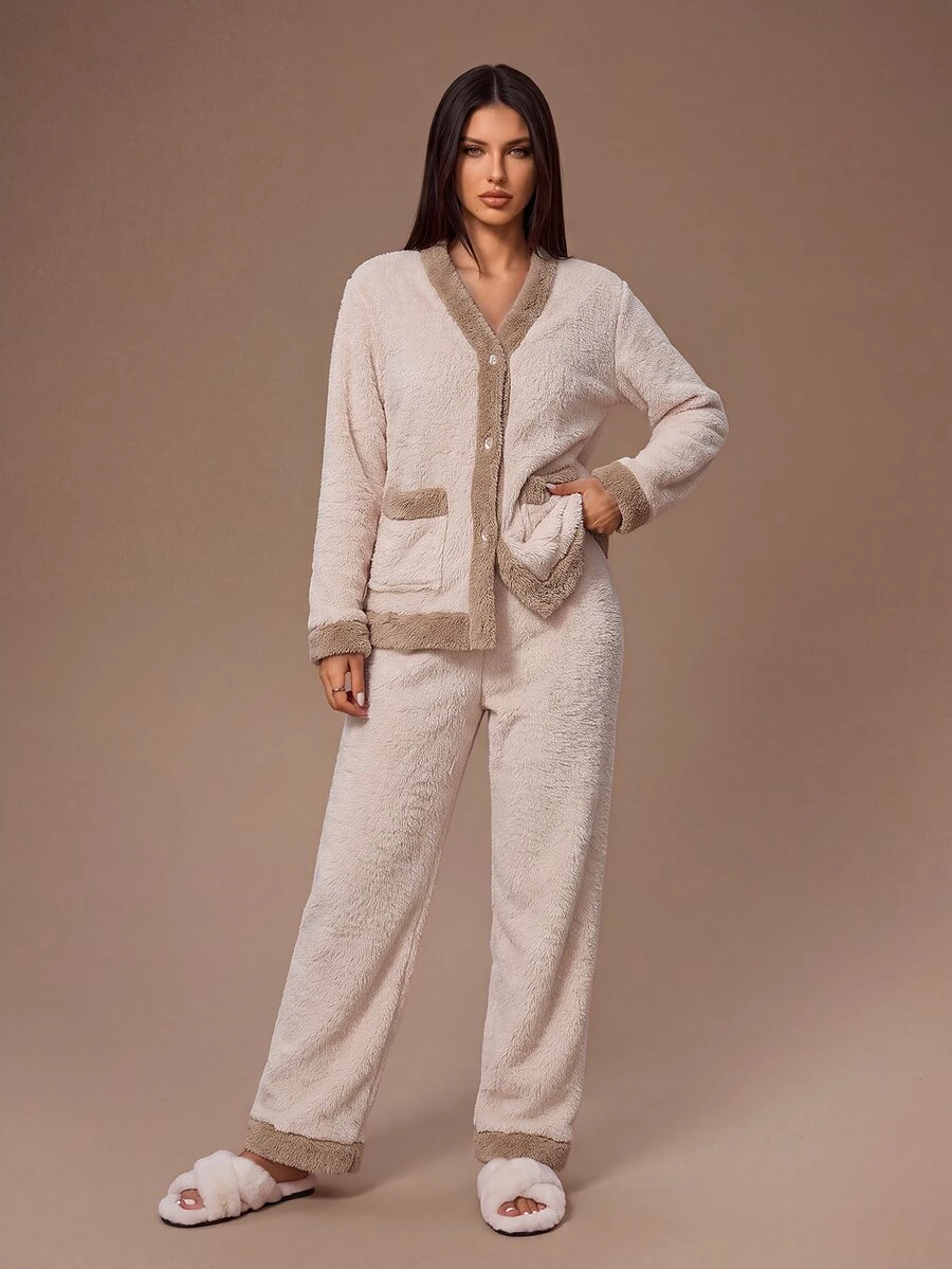 Lazeform Women's Plush Contrast Color V-Neck Open Front Long Sleeve Pants Loungewear Set - Multicolor - View 1