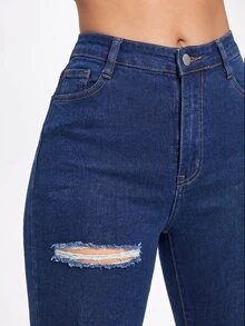 SHEIN EZwear 黑色斜口袋破洞緊身牛仔褲 - 藍色 - 查看 6