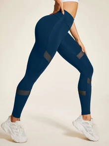 Easithlete 交叉腰網格拼接瑜伽緊身褲 - 藏蓝色 - 查看 5