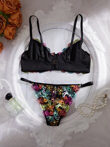 Crystal Vow Black Base Multicolor Floral Embroidered Lace Lingerie Set, Adjustable Spaghetti Strap Back Hook Underwire Bra, Low Waist Spaghetti Strap Women's Triangle Panty 2 Pieces Set - Multicolor - View 2