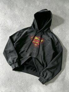 SUPERMAN X SHEIN GymRaken 男士休閒印花長袖連帽衛衣 - 黑色 - 查看 3