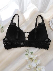 DelicateAllure Áo ngực size lớn màu đen có gọng, cúp đúc, nâng đỡ cao, khe ngực thấp, phối ren, phong cách Pháp lãng mạn - màu đen - Xem 2