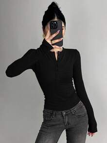 Dazy Kids Teen Girls V-Neck Slim Fit Long Sleeve Tight Base Layer T-Shirt, Autumn Basic - Black - View 4