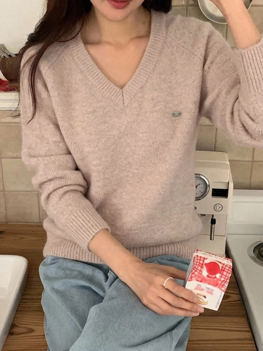 DAZY Solid Color Loose Long Sleeve V-Neck Casual Daily Vacation Korean Style Autumn/Winter Pullover Thick Knit Sweater For Women - Apricot - View 1