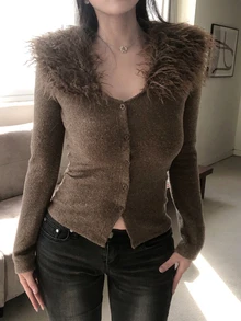 DAZY Women's Solid Color Fur Collar Patchwork Elegant Cardigan - Grey - View 5