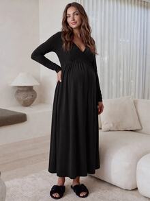 Slowluna Maternity Nursing Dress With Pleated Design, Minimalist Style For Pregnant And Postpartum Women - Black - View 5