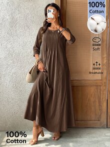 EMERY ROSE Women's Round Neck Mid-Sleeve Pleated Long Dress Coffee Brown Fall Casual - Brown - View 7