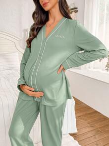 Moonlight&Mama 字母刺繡對比滾邊V領開襟衫長袖褲裝孕婦居家休閒套裝 - 綠色 - 查看 3