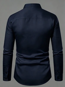 Manfinity Mode Men's Solid Color Stand Collar Hidden Button Design Business Casual Long Sleeve Shirt - Navy Blue - View 2