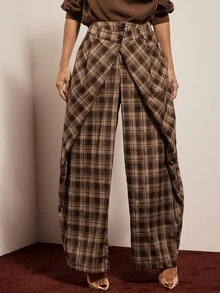 Hauture American Vintage Plaid Cross Double Button Waist Loose Mid-Waist Deconstructed Style Wide Leg Long Pants For Women Autumn/Winter - Brown - View 2