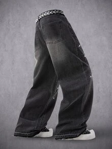 Manfinity Denimwave 男士時尚街頭風 Club Wing 水鑽設計 社交水洗牛仔直筒寬腿褲 - 深灰色 - 查看 2