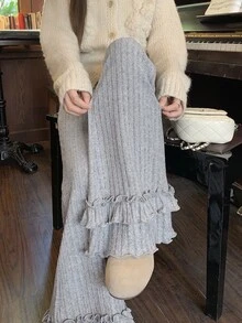 DAZY Women's Gray Knitted Ribbed Ruffle Wide Leg Pants, Sweet Casual For Shopping And Home Wear, Autumn/Winter - Grey - View 8