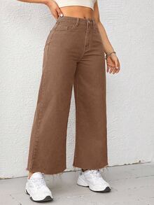 SHEIN CURVE+ بنطلون جينز مقاس كبير مغسول بلون موحد - بني - مشاهدة 4