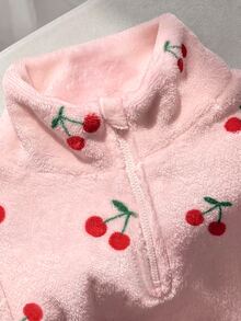 SHEIN Gadis Remaja Perempuan Jaket Rajut Pita Mewah Kerah Tegak Setengah Resleting Patchwork Longgar Kasual - Baby Pink - View 4
