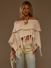 MUSERA Cream Cable Knit Fringed Poncho Autumn Fall Winter Coolgirl Women Outfit - White - View 1